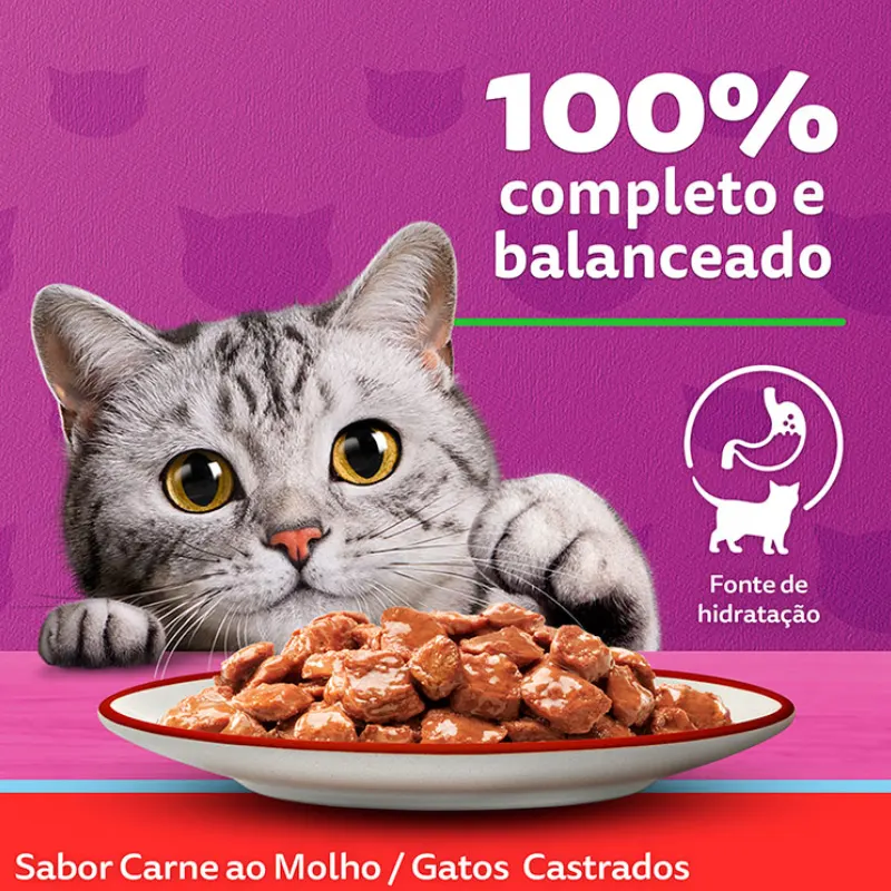 Ração Úmida Whiskas Sachê Carne ao Molho para Gatos Adultos Castrados 85 g