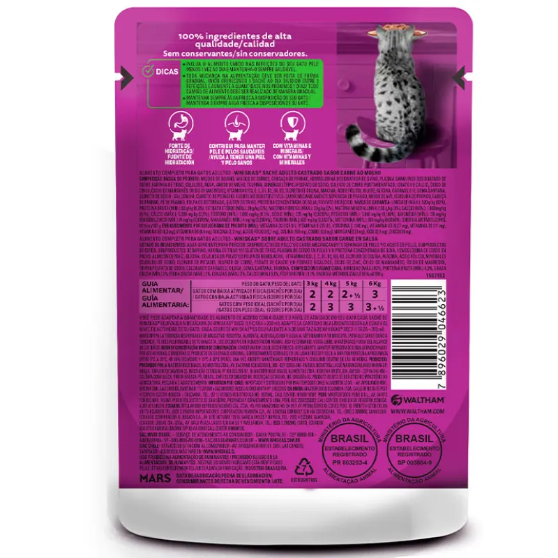 Ração Úmida Whiskas Sachê Carne ao Molho para Gatos Adultos Castrados 85 g