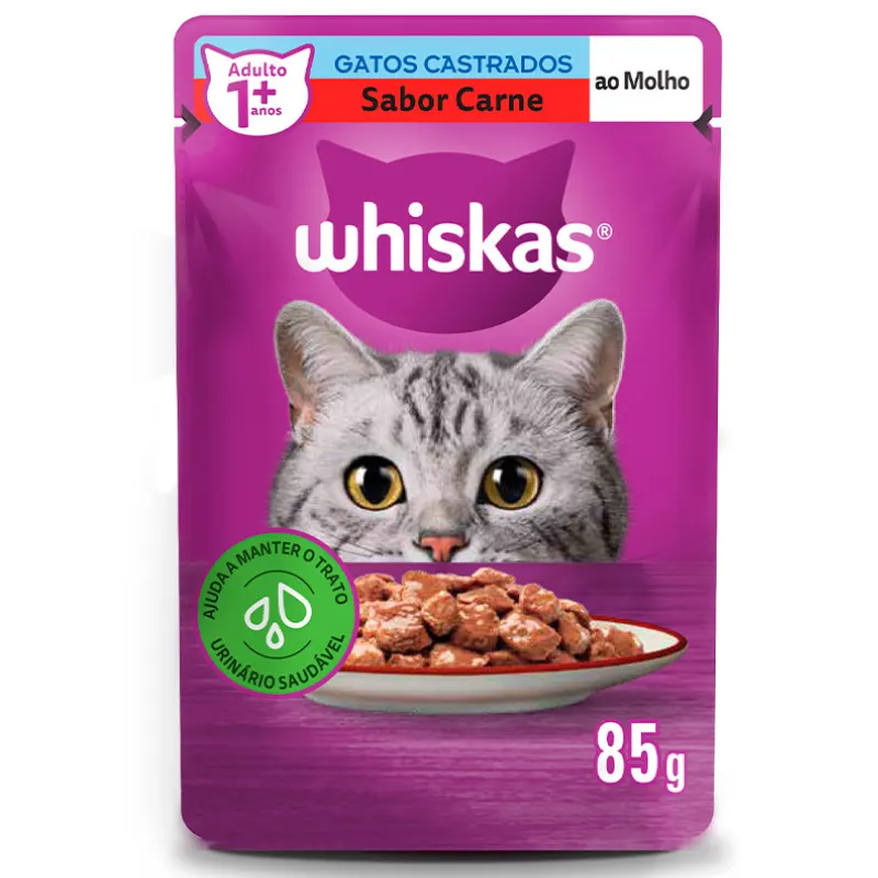 Ração Úmida Whiskas Sachê Carne ao Molho para Gatos Adultos Castrados 85 g
