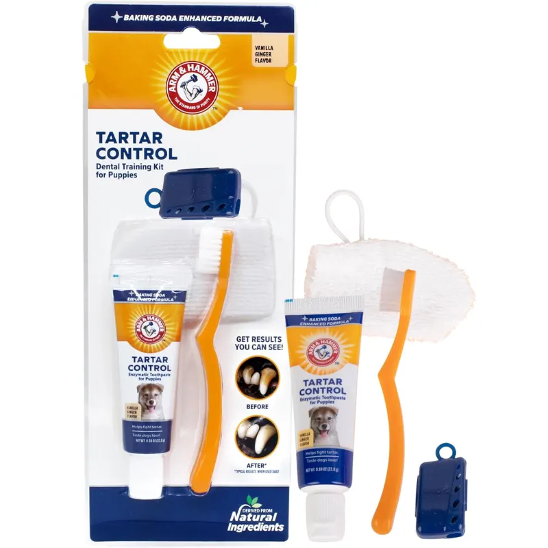 Kit Arm & Hammer Tartar Control Filhotes Pasta de Dentes Enzimática + Escova de Dentes Dupla