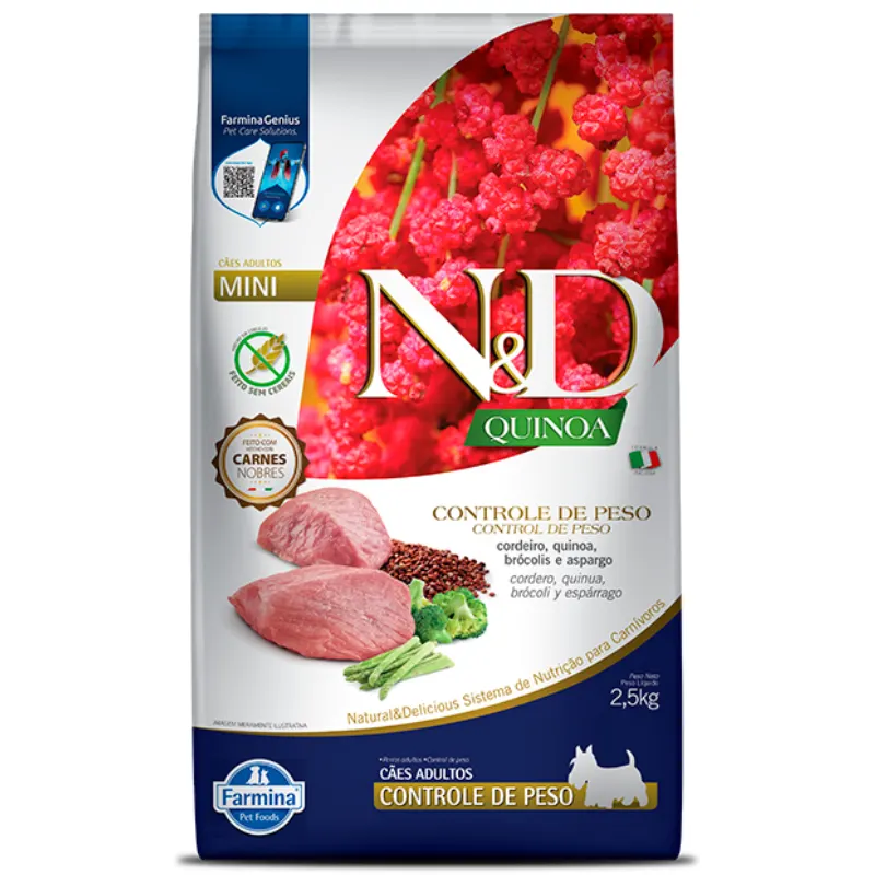 Ração N&D Quinoa para Cães Adultos Mini Controle de Peso Sabor Cordeiro 2,5 Kg