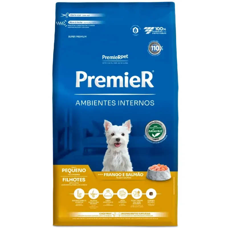 Ração Premier Ambientes Internos Cães Filhotes Frango e Salmão