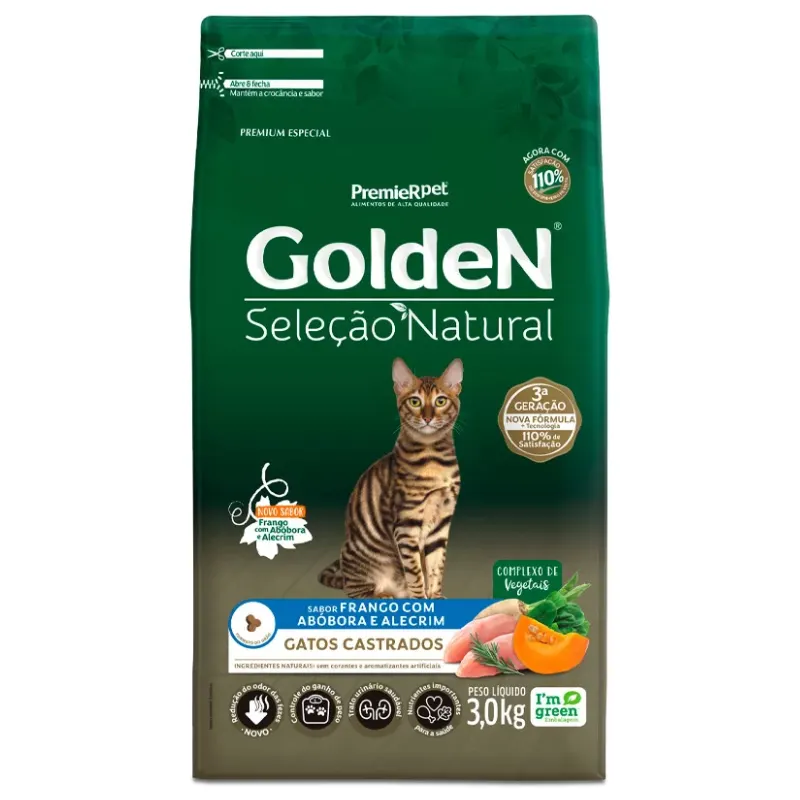 Ração Golden Seleção Natural Gatos Castrados Frango e Abóbora