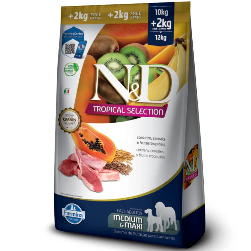 Ração N&D Tropical Selection para Cães Adultos de Porte Médio e Grande Sabor Cordeiro Max 10 + 2 Kg