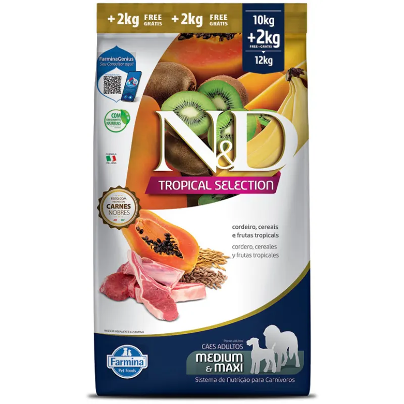 Ração N&D Tropical Selection para Cães Adultos de Porte Médio e Grande Sabor Cordeiro Max 10 + 2 Kg