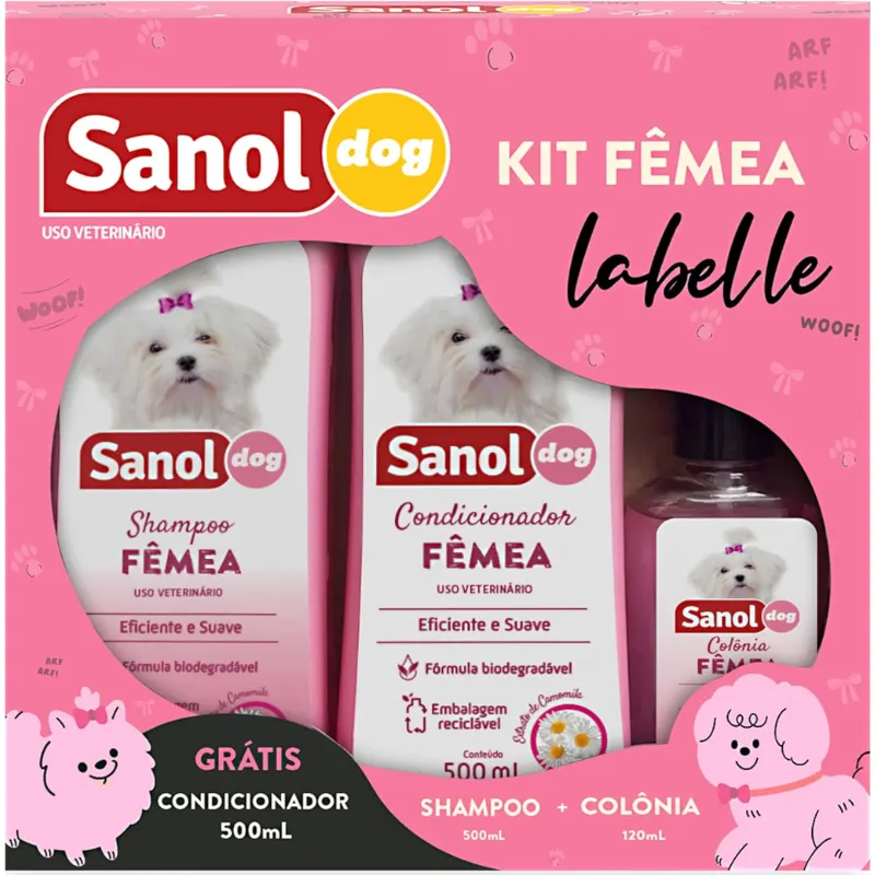 Sanol Dog Kit Banho Fêmea Labelle Shampoo, Condicionador e Colônia