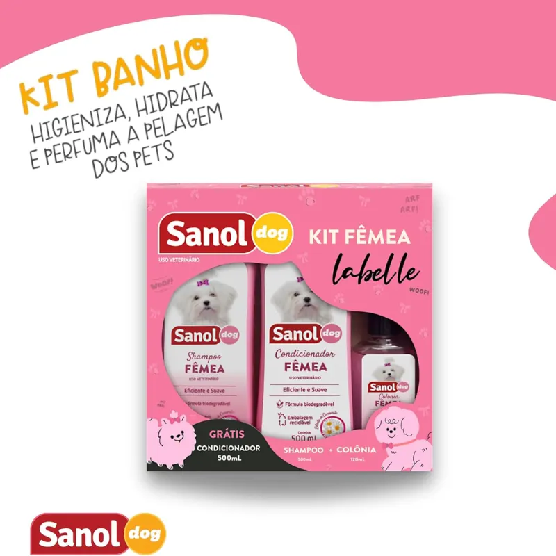 Sanol Dog Kit Banho Fêmea Labelle Shampoo, Condicionador e Colônia