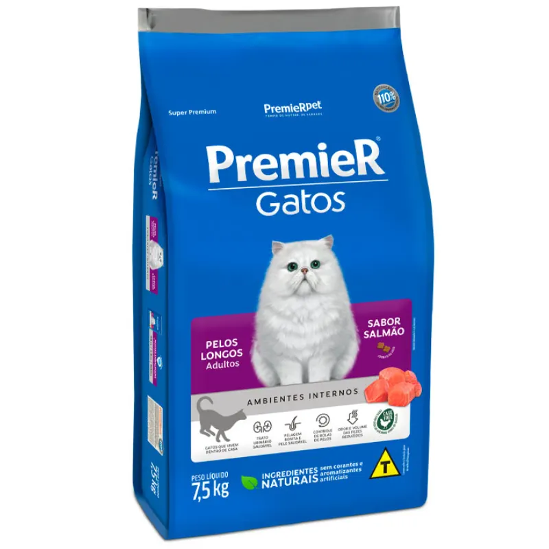 Premier Ambientes Internos Gatos Adultos Pelo Longo Salmão 7,5 Kg