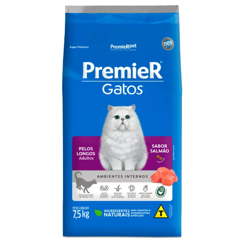 Premier Ambientes Internos Gatos Adultos Pelo Longo Salmão 7,5 Kg