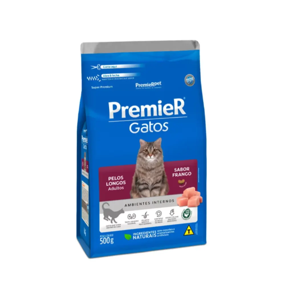 Ração Premier Ambientes Internos Gatos Adultos Pelos Longos Sabor Frango 1,5Kg
