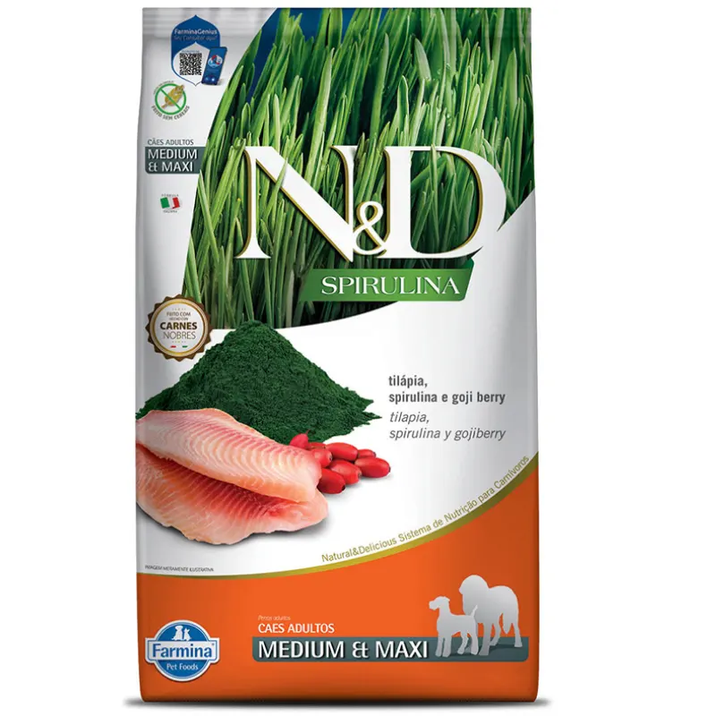 Ração Farmina N&D Spirulina para Cães Adultos de Porte Médio e Grande Sabor Tilápia Spirulina 10,1kg