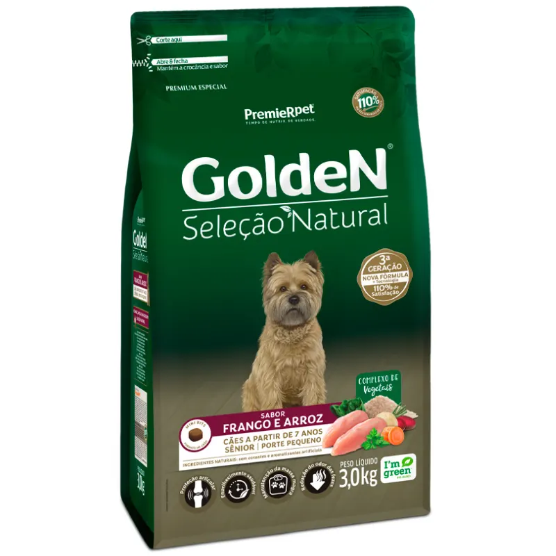 Ração Golden Seleção Natural para Cães Sênior de Porte Pequeno Sabor Frango e Arroz 3 Kg