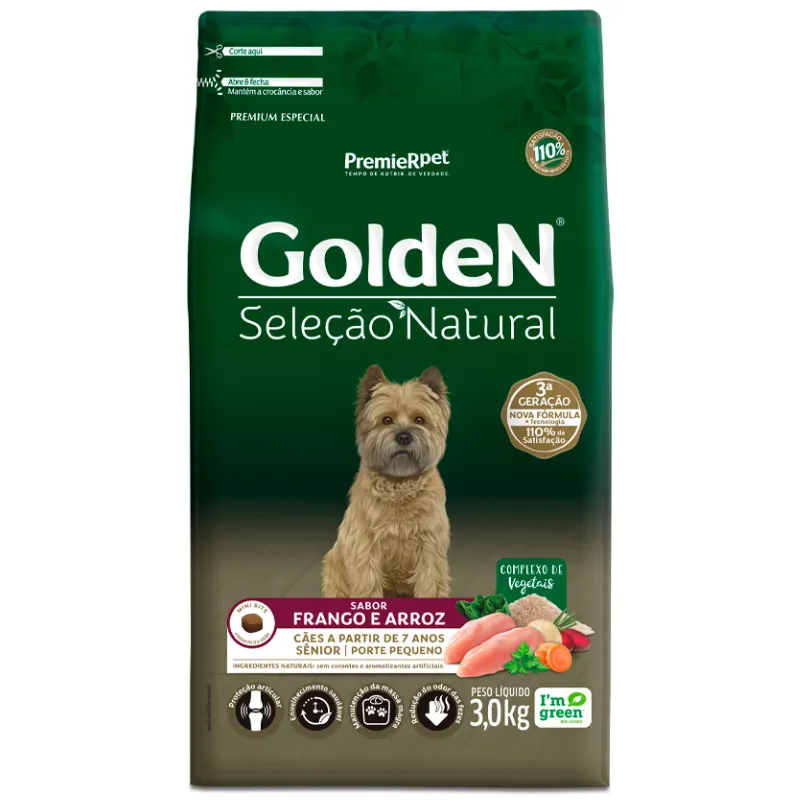 Ração Golden Seleção Natural para Cães Sênior de Porte Pequeno Sabor Frango e Arroz 3 Kg