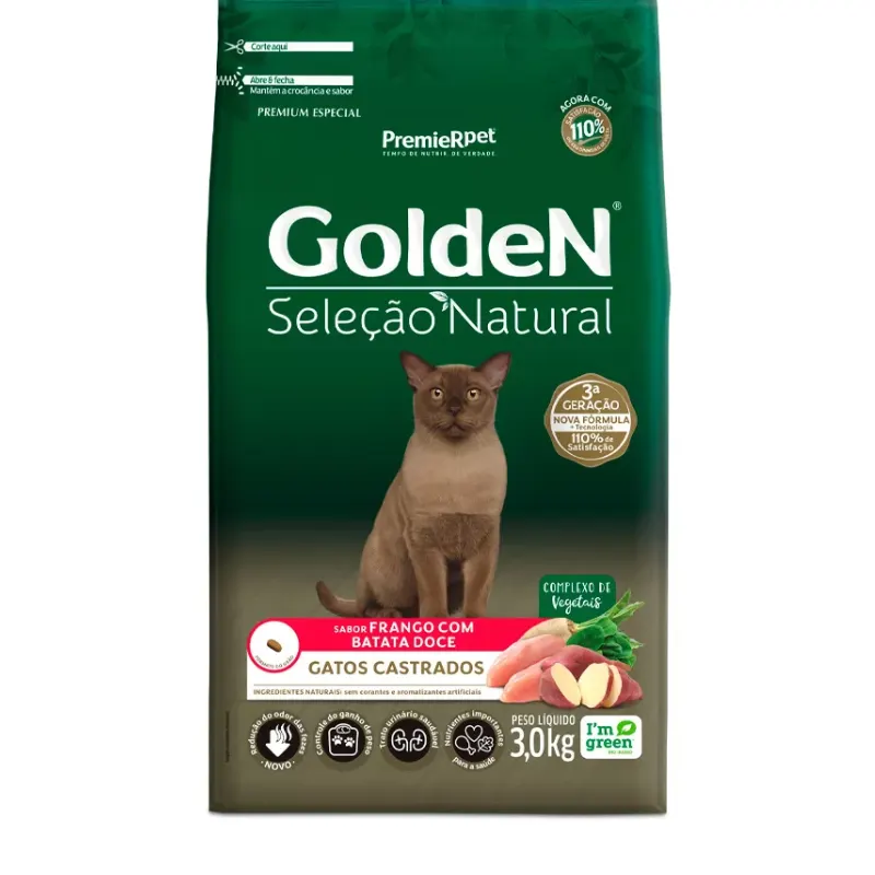 Ração Golden Seleção Natural Gatos Castrados Frango e Batata Doce