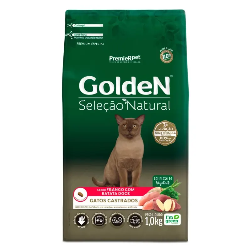 Ração Golden Seleção Natural Gatos Castrados Frango e Batata Doce