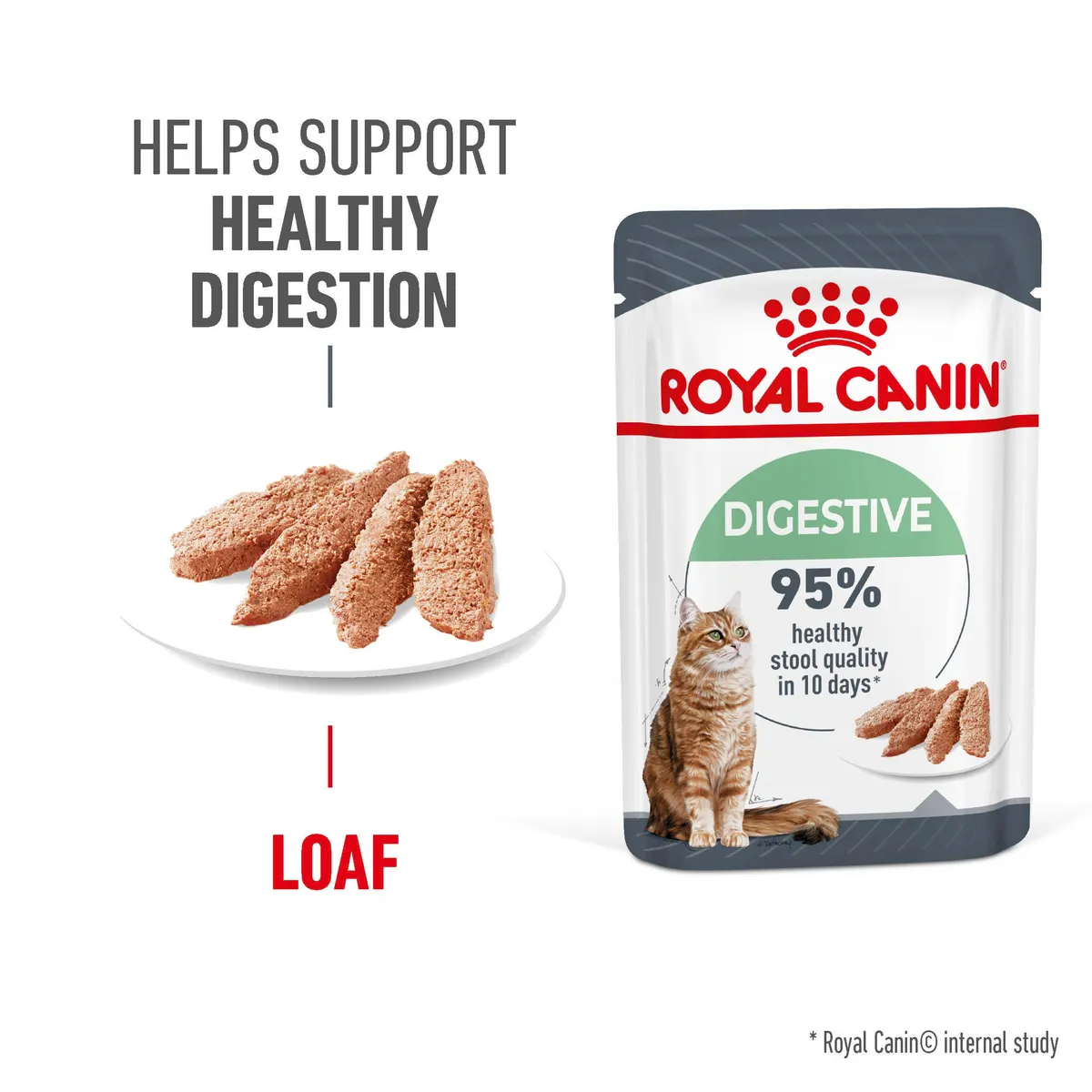 Ração Úmida Royal Canin Sachê Patê Cuidado Digestivo para Gatos Adultos 85 g – embalagem + textura