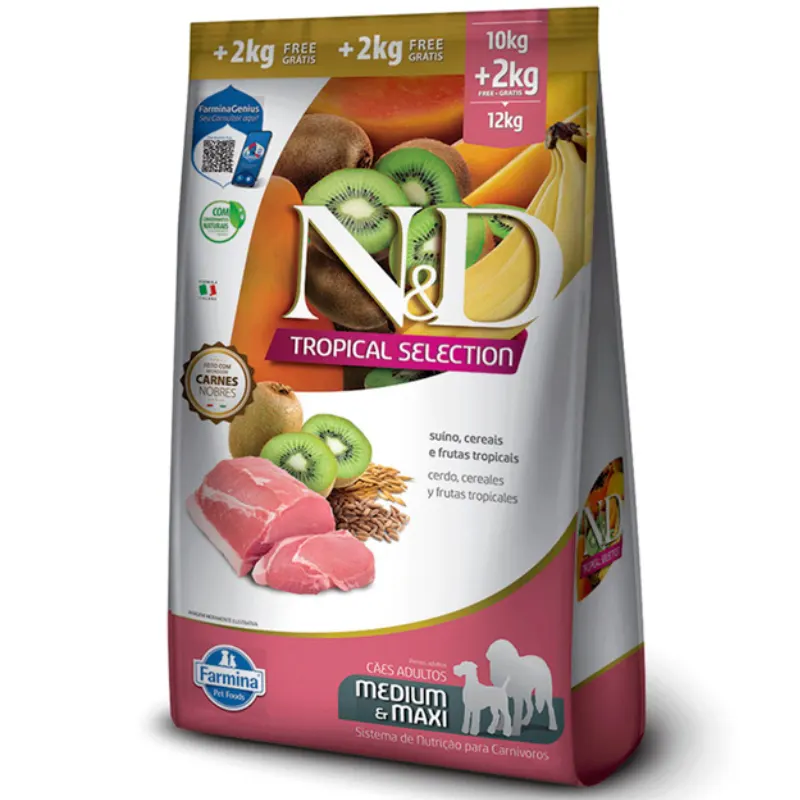 Ração N&D Tropical Cães Adultos Raças Médias Suíno 10 + 2 Kg