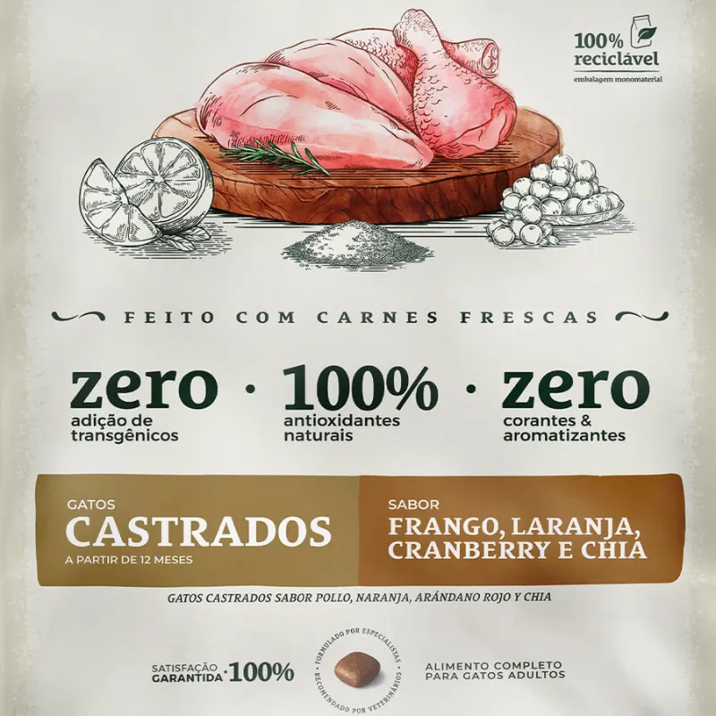 Ração Bionatural para Gatos Castrados Sabor Frango 7,5 Kg