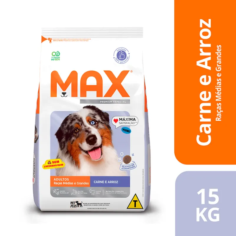 Ração Max Cães Adultos Médio e Grande Carne e Arroz 15 Kg
