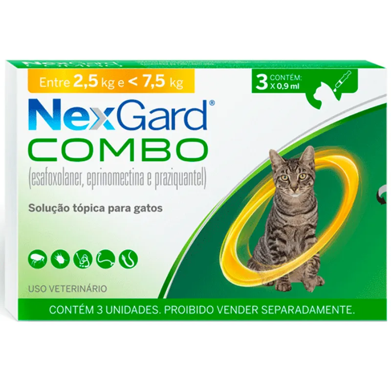 Nexgard Combo Antipulgas, Sarna e Vermífugo para Gatos de 2,5 a 7,5 kg 3 aplicadores