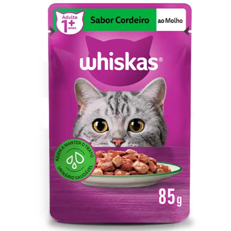 Ração Úmida Whiskas Sachê Gatos Adultos Cordeiro Molho 85g