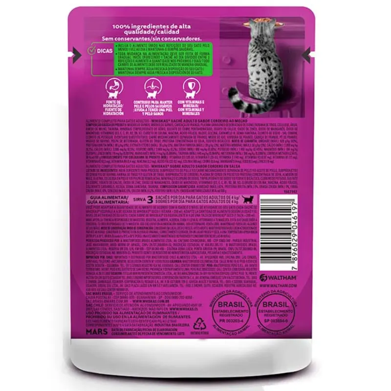 Ração Úmida Whiskas Sachê Gatos Adultos Cordeiro Molho 85g