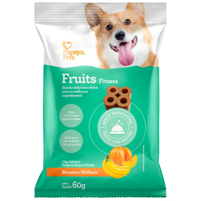 Snack Papaya Pets Fruits Fitness para Cães Adultos Sabor Banana e Abóbora 60 g