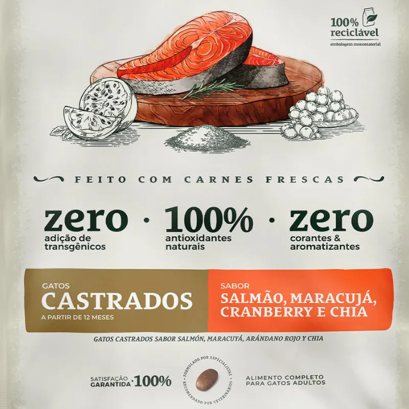 Ração Bionatural para Gatos Castrados Sabor Salmão 7,5 Kg
