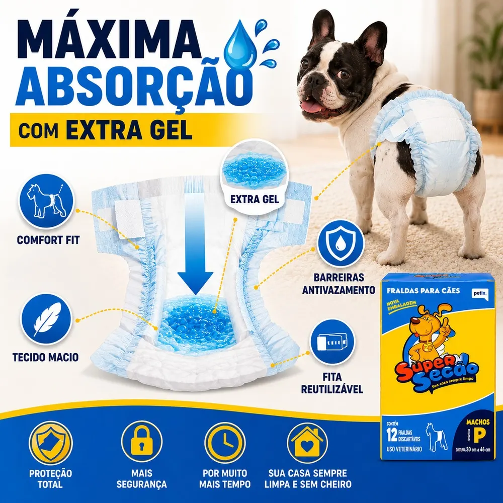 Fralda Descartável Super Secão Cão Macho - Petix 12 Und P