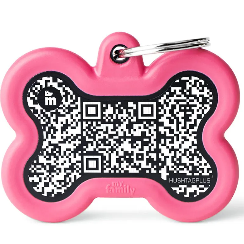 Medalha de Identificação My Family Hushtag Osso com Borracha e Qr Code Rosa
