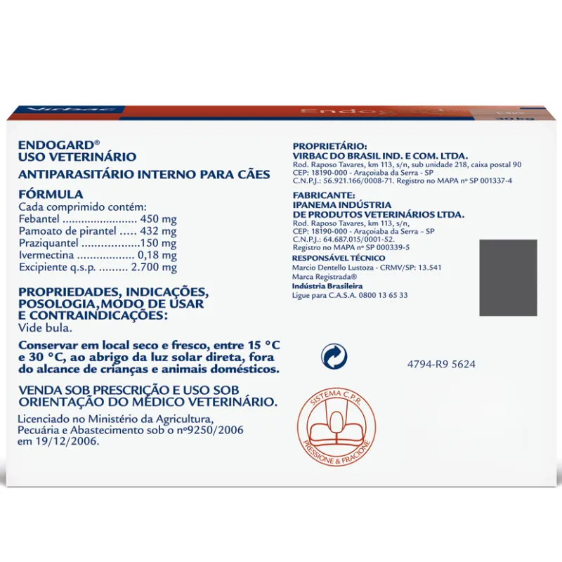 Antiparasitário Virbac Endogard para Cães de Até 30 kg com 6 Comprimidos