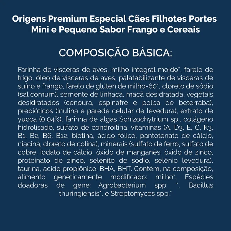 Ração Origens Cães Filhotes Mini Pequeno Frango Cereais