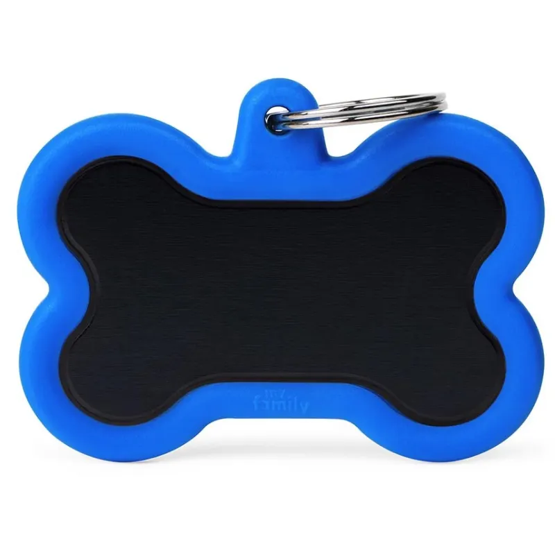 Medalha de Identificação My Family Osso de Alumínio Preto com Borracha Azul XL