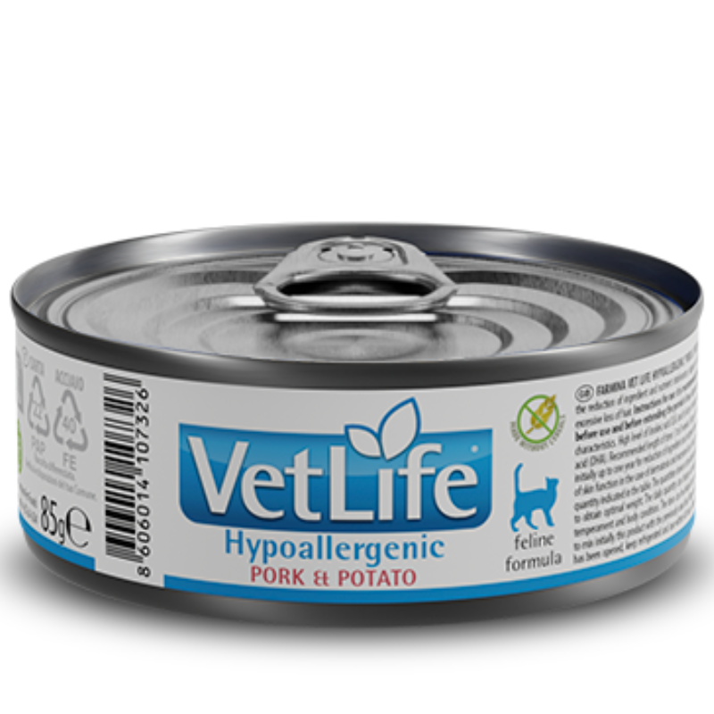Ração Úmida Vet Life para Gatos Adultos Hypoallergenic Pork & Potato 85 g