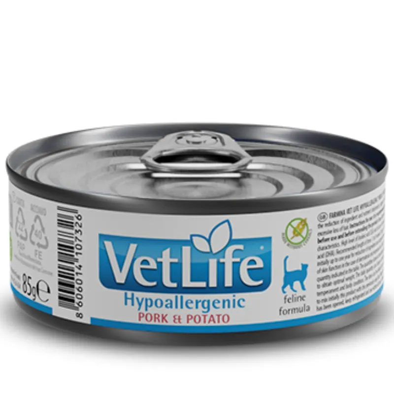Ração Úmida Vet Life para Gatos Adultos Hypoallergenic Pork & Potato 85 g