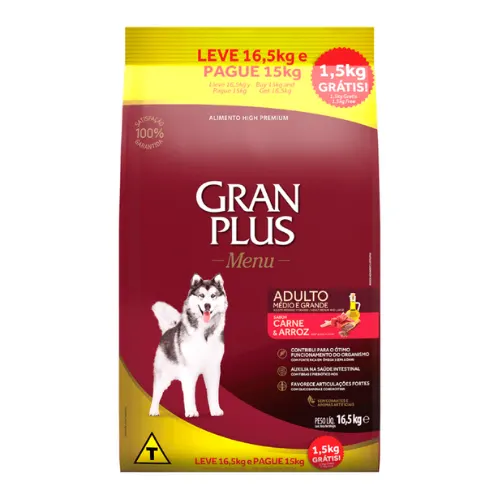 Ração Seca Granplus Menu Carne E Arroz Para Cães Adultos De Raças Médias E Grandes - Pague 15kg Leve 16.5kg