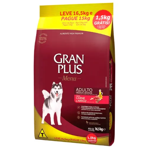 Ração Seca Granplus Menu Carne E Arroz Para Cães Adultos De Raças Médias E Grandes - Pague 15kg Leve 16.5kg