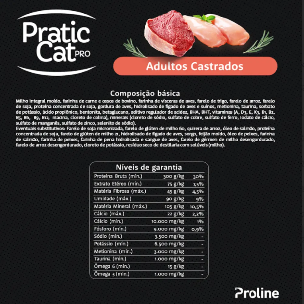 Ração Pratic Cat Pro Castrado Carne e Frango 10,1Kg