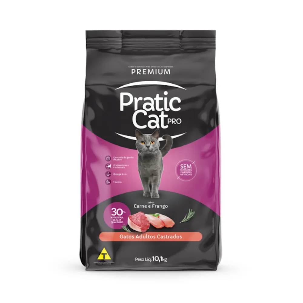 Ração Pratic Cat Pro Castrado Carne e Frango 10,1Kg