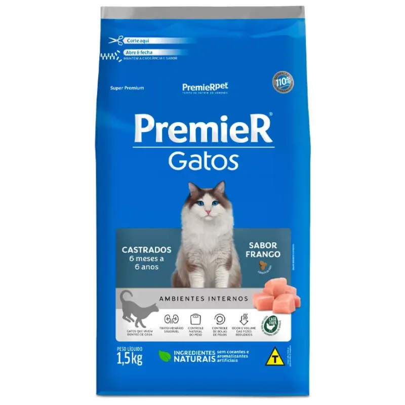 Ração Premier Ambientes Internos Gatos Castrados Sabor Frango