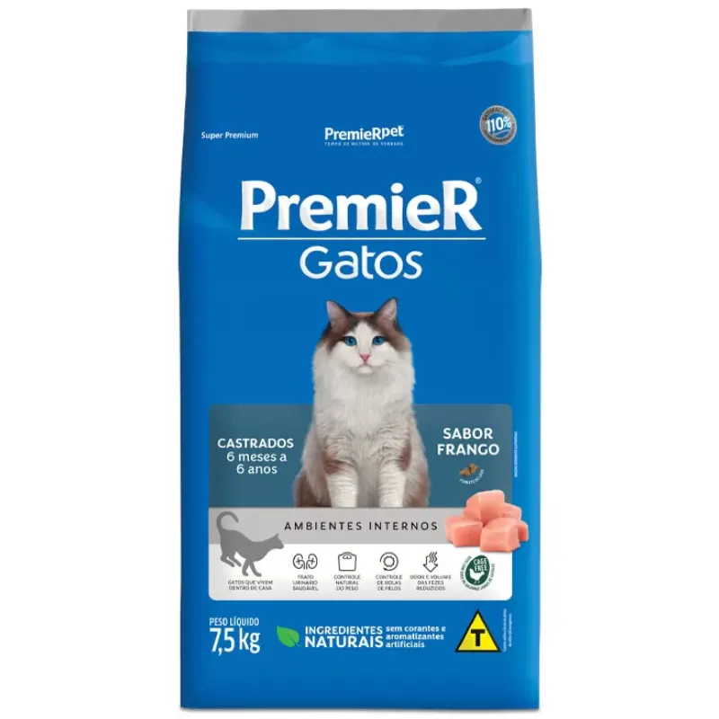 Ração Premier Ambientes Internos Gatos Castrados Sabor Frango