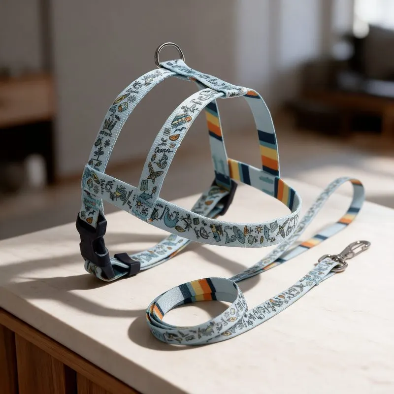 Kit Peitoral com Guia Estampada São Pet N4 Azul