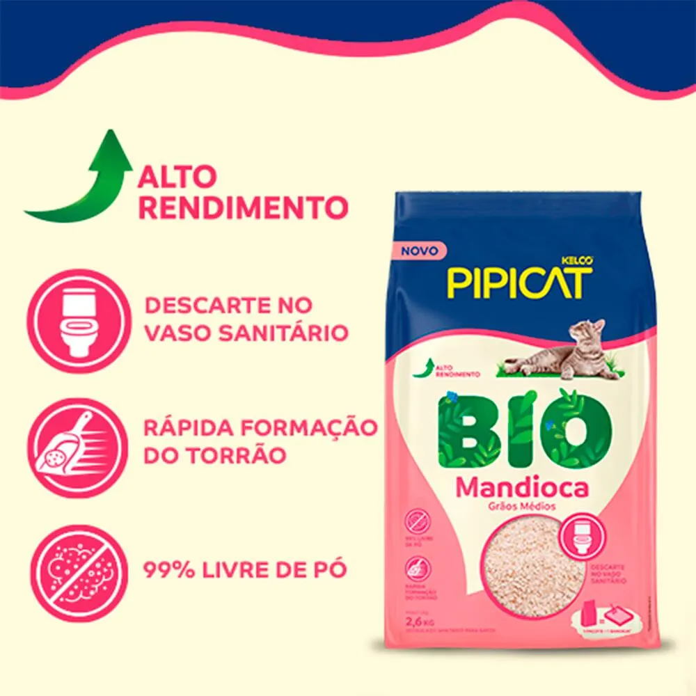 Areia Higiênica Pipicat Bio Mandioca para Gatos 2,6 kg