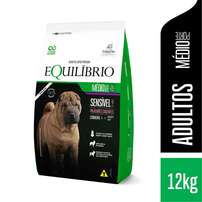 Ração Equilíbrio para Cães Adultos de Porte Médio Sensível Sabor Cordeiro 12 Kg