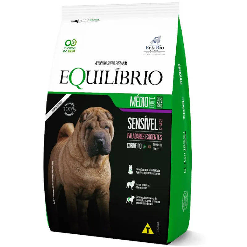 Ração Equilíbrio para Cães Adultos de Porte Médio Sensível Sabor Cordeiro 12 Kg