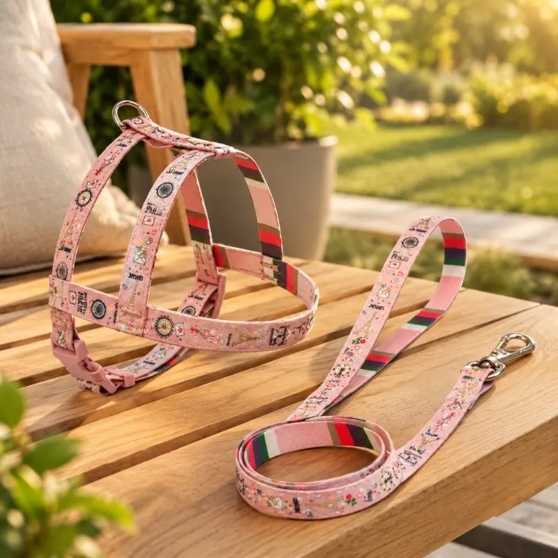 Kit Peitoral e Guia Estampada Rosa São Pet N1