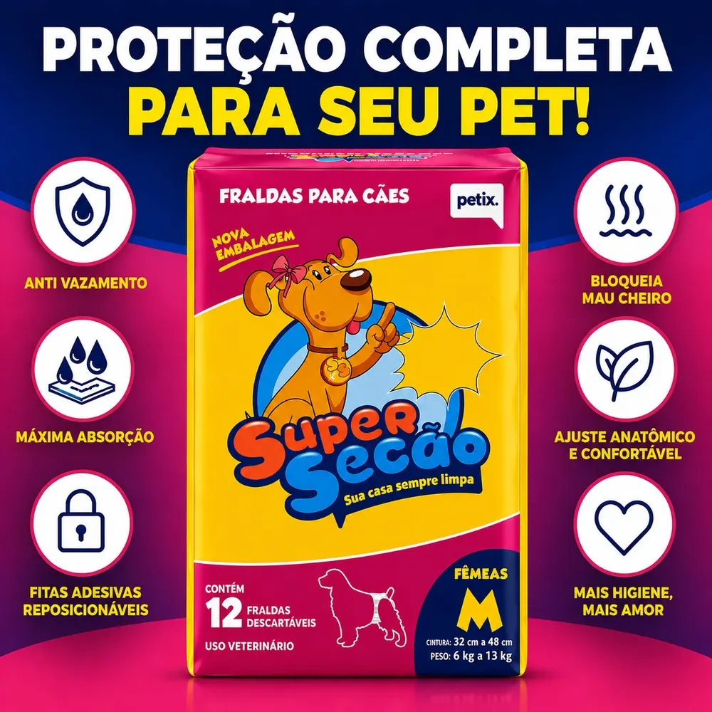 Fralda Descartável Super Secão Para Fêmea Petix 12 Unidade M