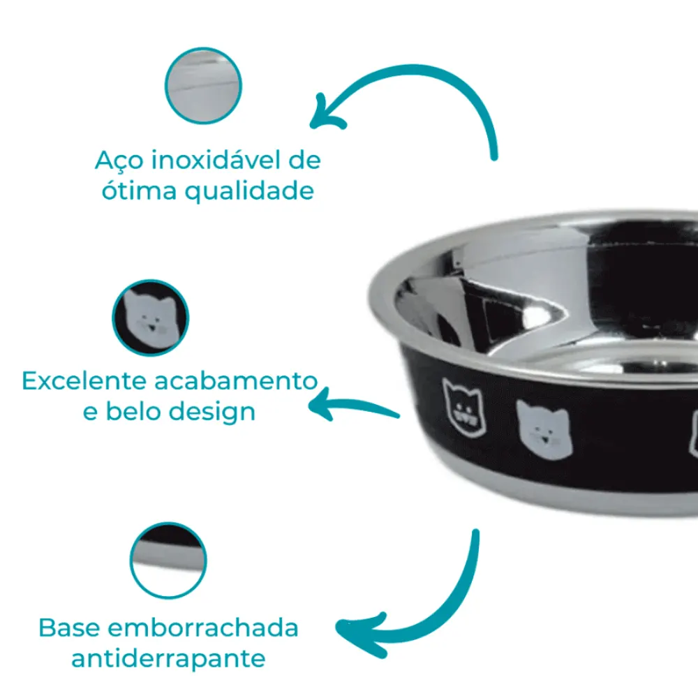 Comedouro Gatos Inox Fusion Preto Jambo 225 ml