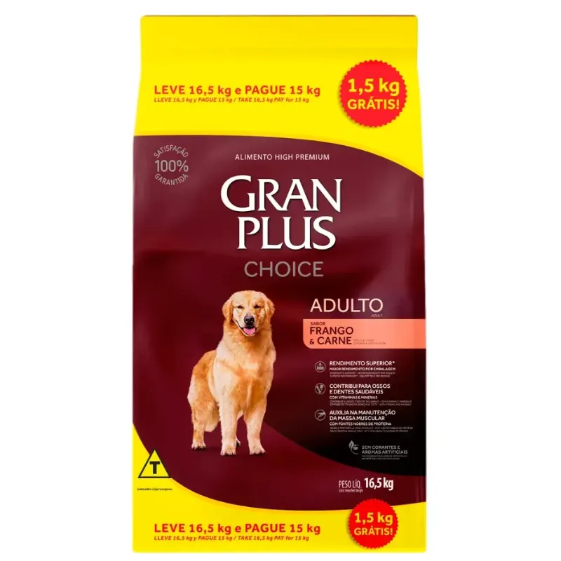 Ração GranPlus Choice Cães Adultos Frango e Carne Leve 16,5 kg Pague 15 kg