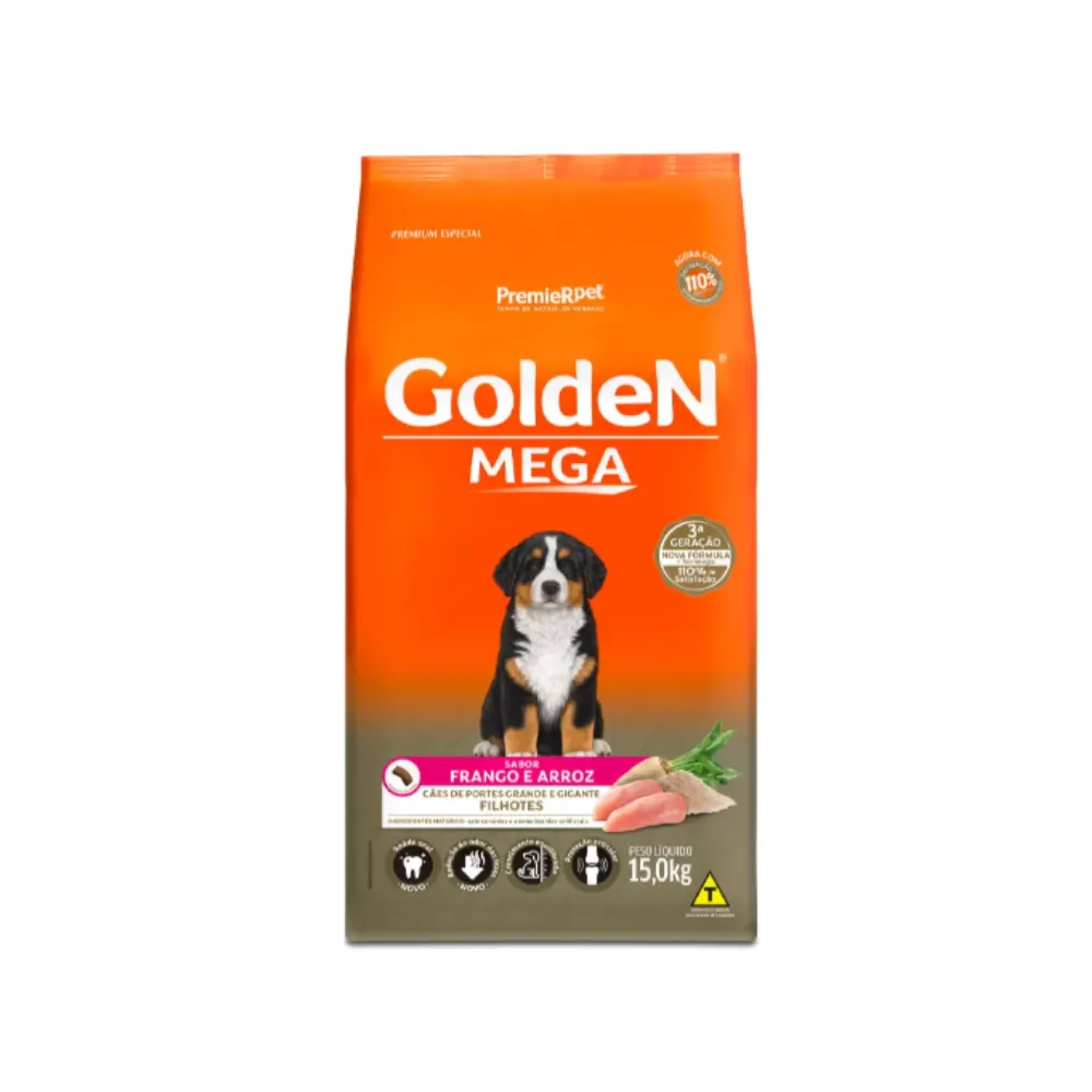 Ração Golden Mega Cães Filhotes Grande Sabor Frango e Arroz 15kg